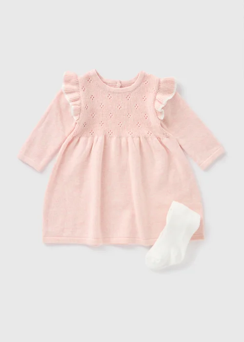 Baby Pink Knitted Dress & Tights Set (Newborn-23mths) - 0-3 months Image 1