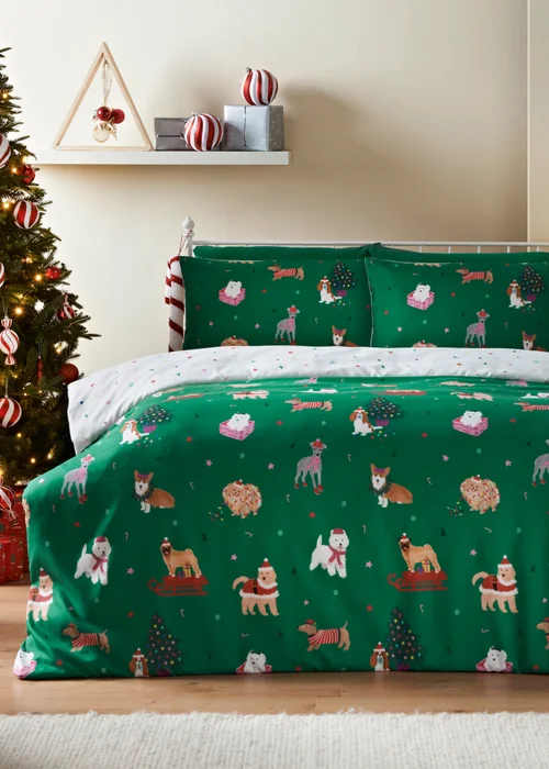 Joyful Green Christmas Dog Print Duvet Set - Single Image 1