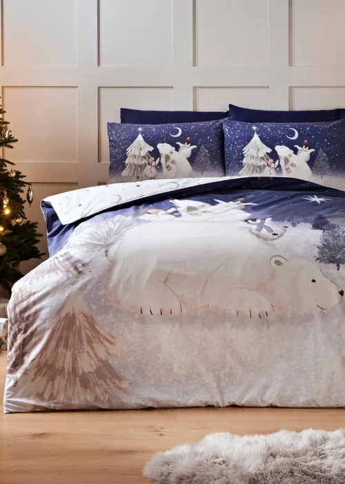 Wondrous Christmas Navy Polar Bear Duvet Set - Single Image 1