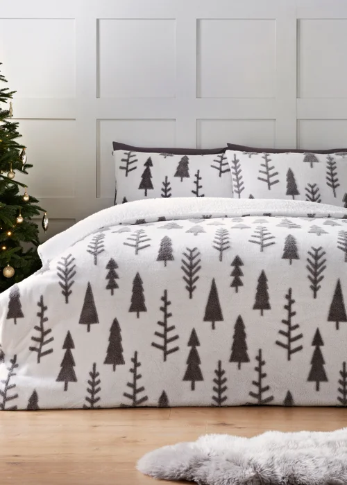 Wondrous Christmas Grey Fleece Tree Duvet Set - Single Image 1