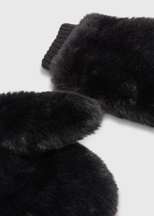 Girls Black Faux Fur Mittens (3-13yrs) - Age 3 - 6 Years Image 2