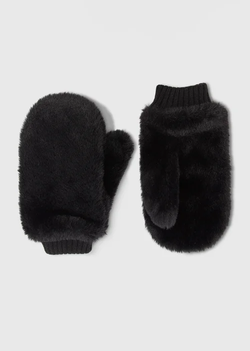 Girls Black Faux Fur Mittens (3-13yrs) - Age 3 - 6 Years Image 1