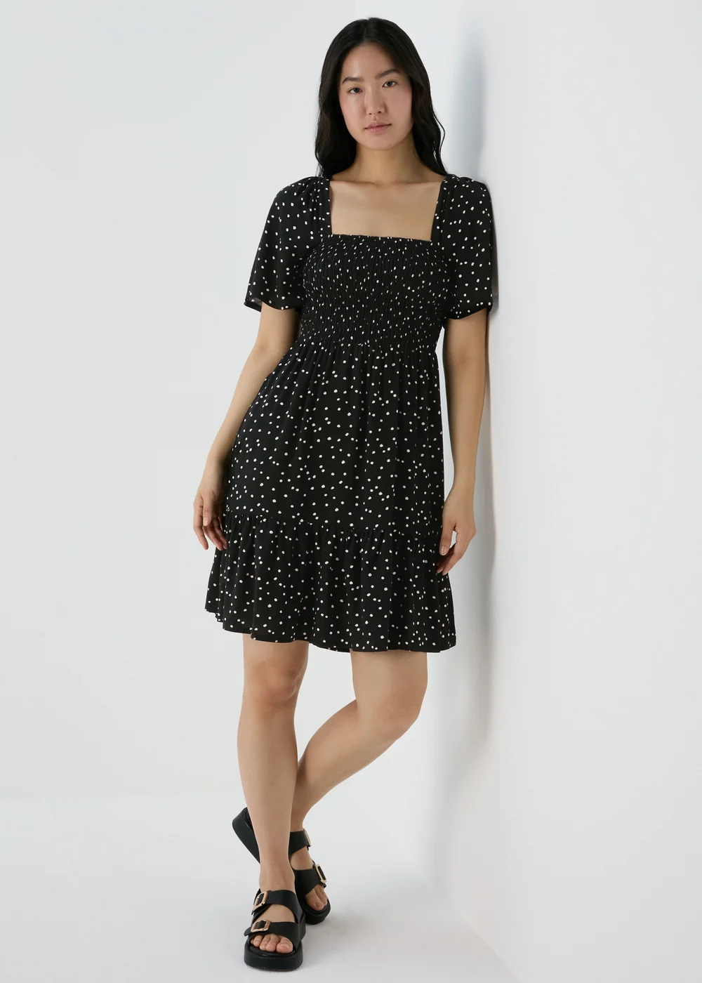 Black Spot Design Shirred Bodice Mini Dress - 8 Image 1
