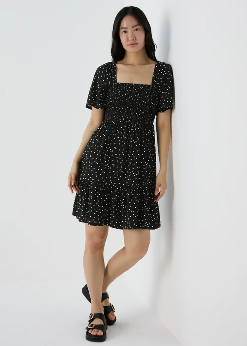 Black Spot Design Shirred Bodice Mini Dress - 8 Image 1