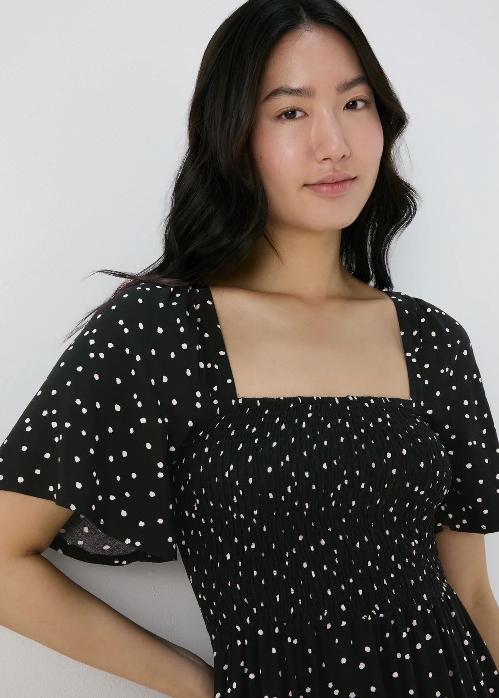 Black Spot Design Shirred Bodice Mini Dress - 8 Image 3