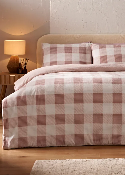 Pink Check Sherpa Duvet Set - Single Image 1
