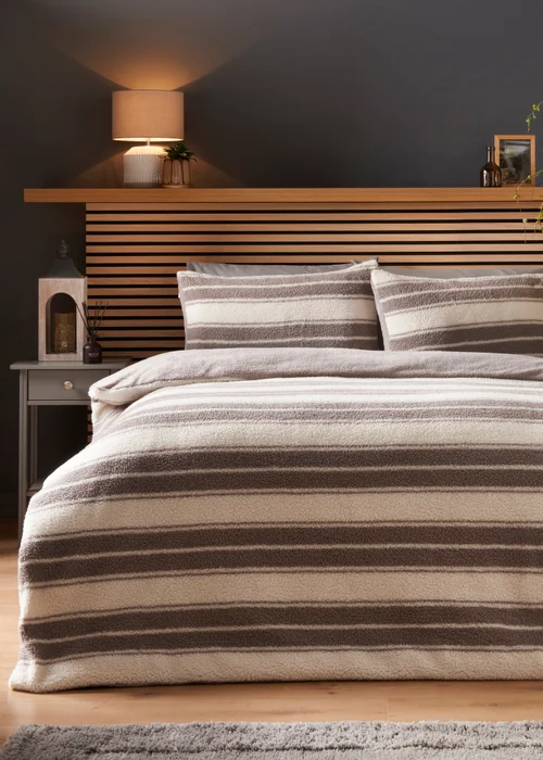 Brown Sherpa Stripe Duvet Set - Single Image 1