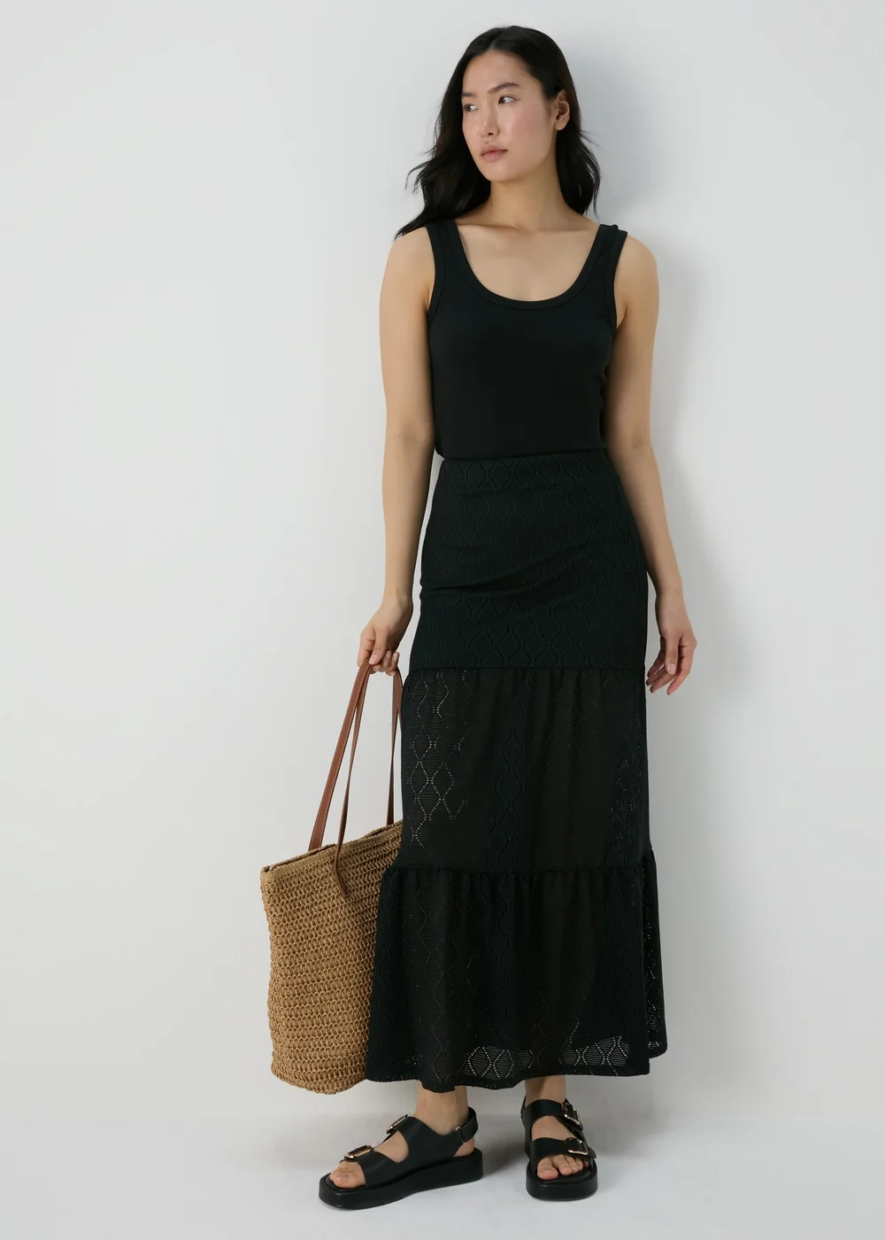 Black Smocked Patterned Maxi Skirt - 8 Image 1