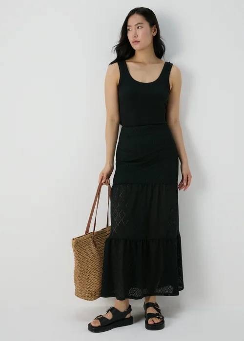 Black Smocked Patterned Maxi Skirt - 8 Image 1