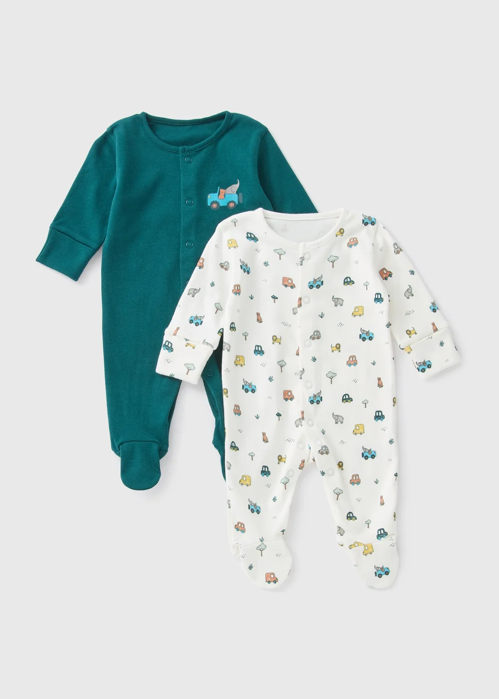 2 Pack Green Transport Sleepsuits (Newborn-23mths) - Age 0 - 3 Months Image 1