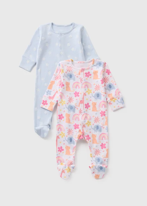 2 Pack Baby Blue Animal Sleepsuits (Newborn-23mths) - Age 0 - 3 Months Image 1