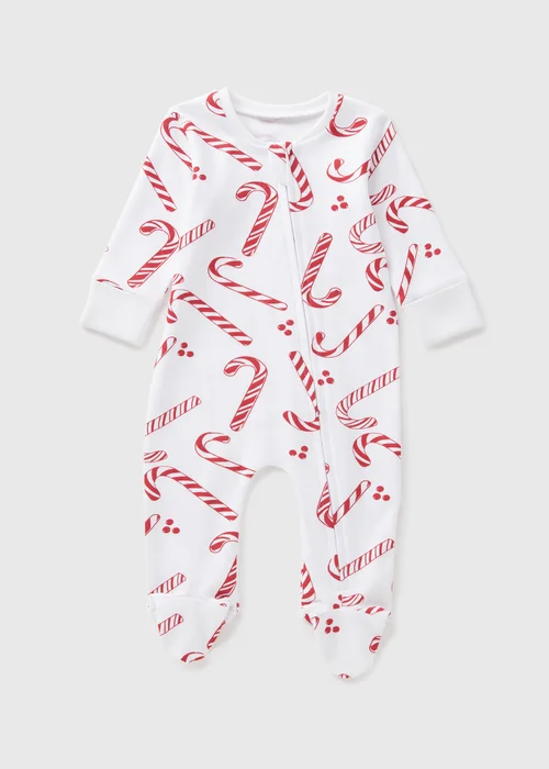 Joyful Baby White Christmas Candy Cane Sleepsuit (Newborn-18mths) - Age 0 - 3 Months Image 1
