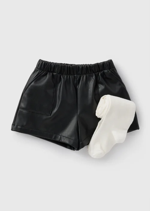Girls Black Leather Look Short & Tights (1-7yrs) - 1 half year to 2 Image 1