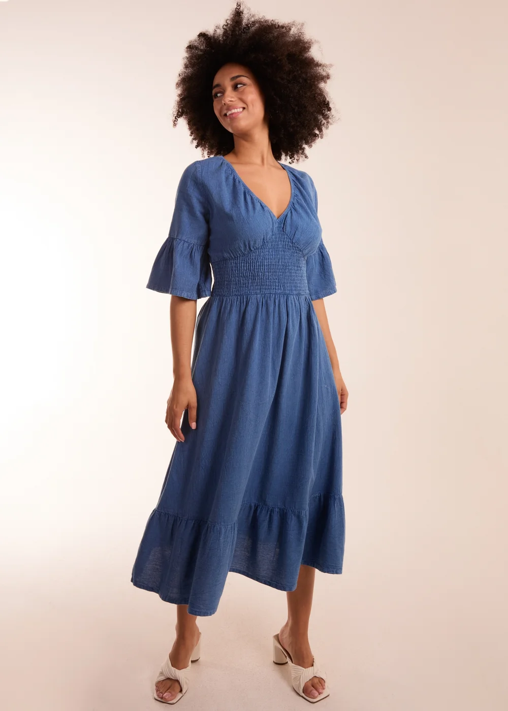 Blue Vanilla Blue V Neck Shirred Midi Dress - S Image 4