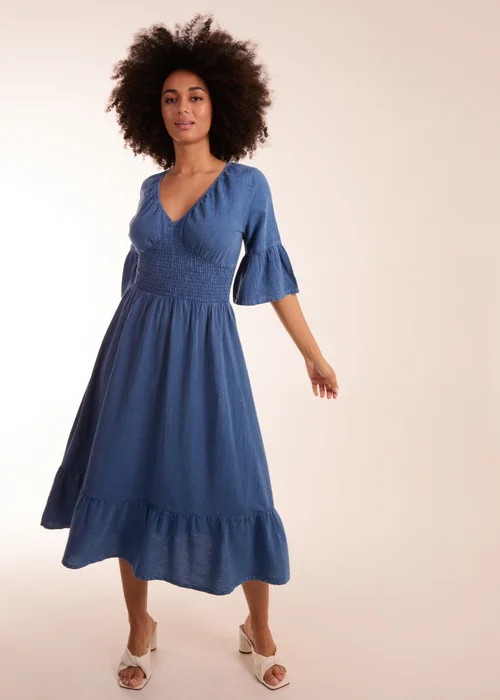 Blue Vanilla Blue V Neck Shirred Midi Dress - S Image 1