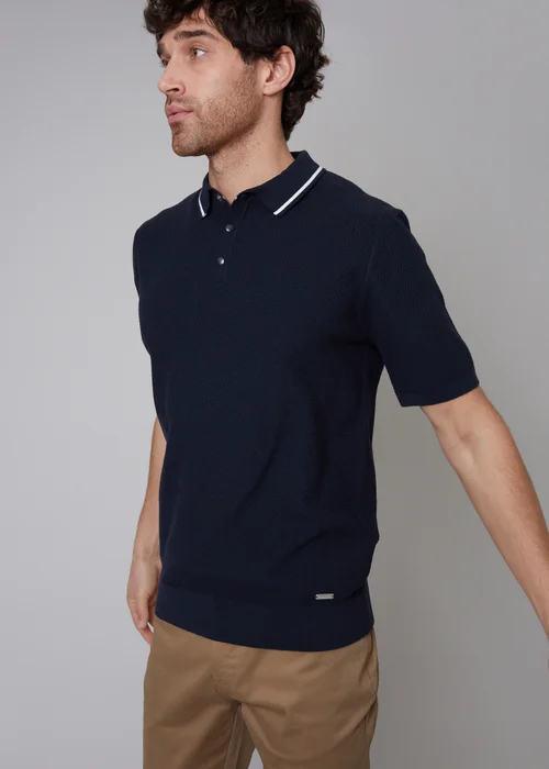 Threadbare Navy Cotton Mix Tipping Collar Short Sleeve Knitted Polo - M Image 1
