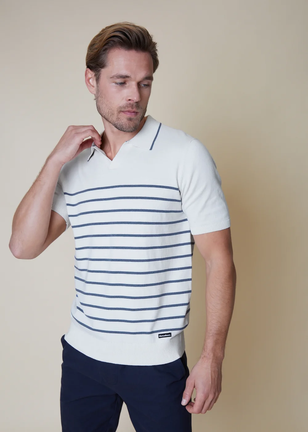 Threadbare Ecru Cotton Mix Trophy Neck Striped Short Sleeve Knitted Polo - S Image 1