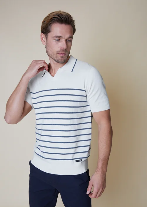 Threadbare Ecru Cotton Mix Trophy Neck Striped Short Sleeve Knitted Polo - S Image 1