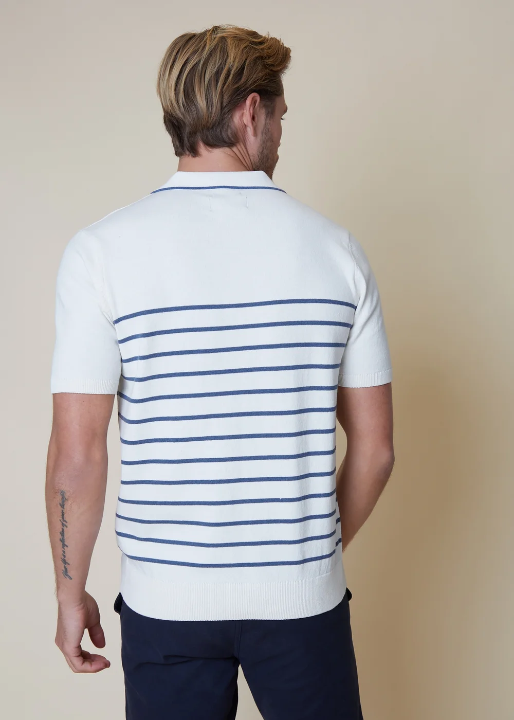 Threadbare Ecru Cotton Mix Trophy Neck Striped Short Sleeve Knitted Polo - S Image 2
