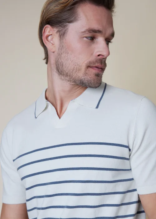 Threadbare Ecru Cotton Mix Trophy Neck Striped Short Sleeve Knitted Polo - S Image 3