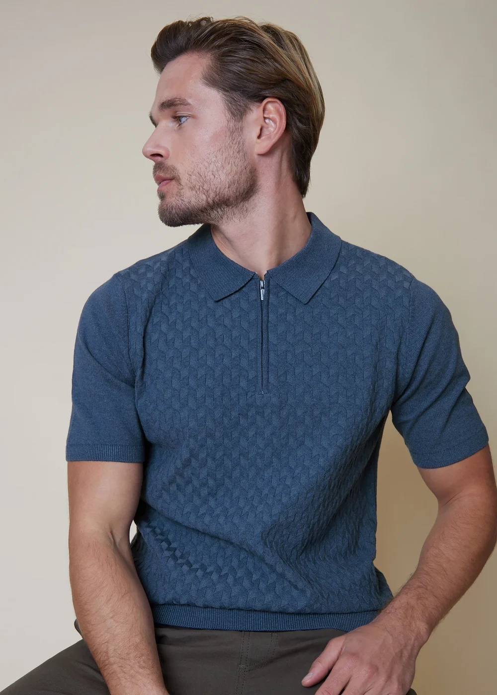 Threadbare Blue Marrick Textured Short Sleeve Knitted Polo - S Image 4