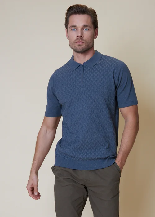 Threadbare Blue Marrick Textured Short Sleeve Knitted Polo - S Image 1