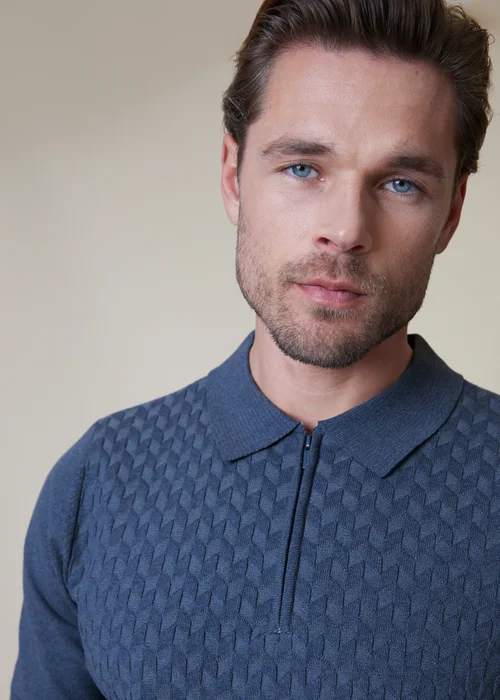 Threadbare Blue Marrick Textured Short Sleeve Knitted Polo - S Image 3