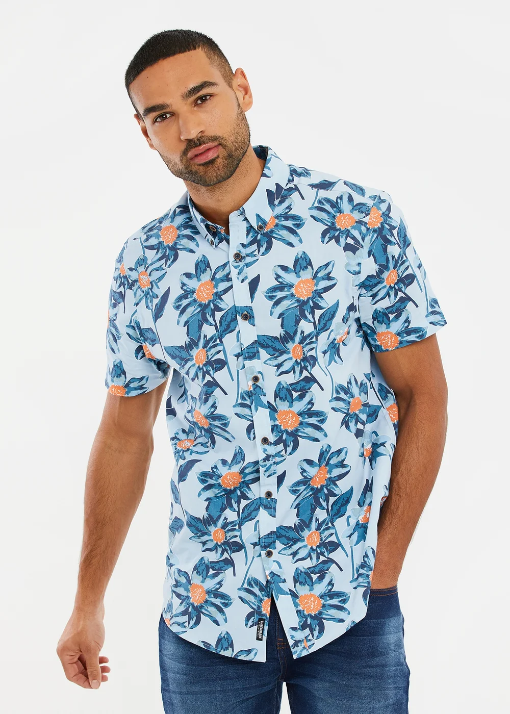 Threadbare Mint Cotton Tropical Print Short Sleeve Shirt - S Image 1