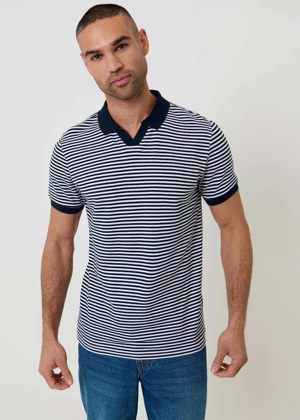 Threadbare Navy Open Collar Striped Pique Polo Shirt - M Image 1