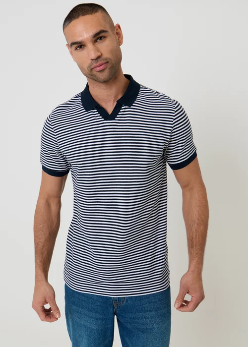 Threadbare Navy Open Collar Striped Pique Polo Shirt - M Image 1