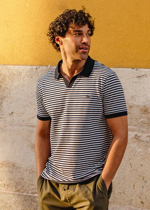 Threadbare Navy Open Collar Striped Pique Polo Shirt - M Image 5