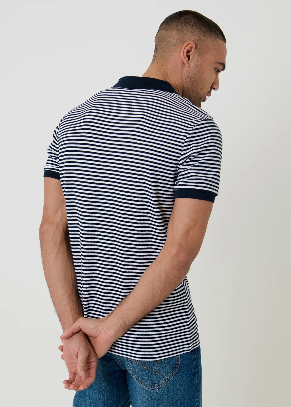 Threadbare Navy Open Collar Striped Pique Polo Shirt - M Image 2