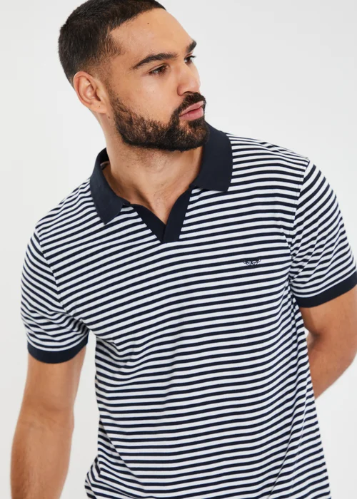 Threadbare Navy Open Collar Striped Pique Polo Shirt - M Image 3