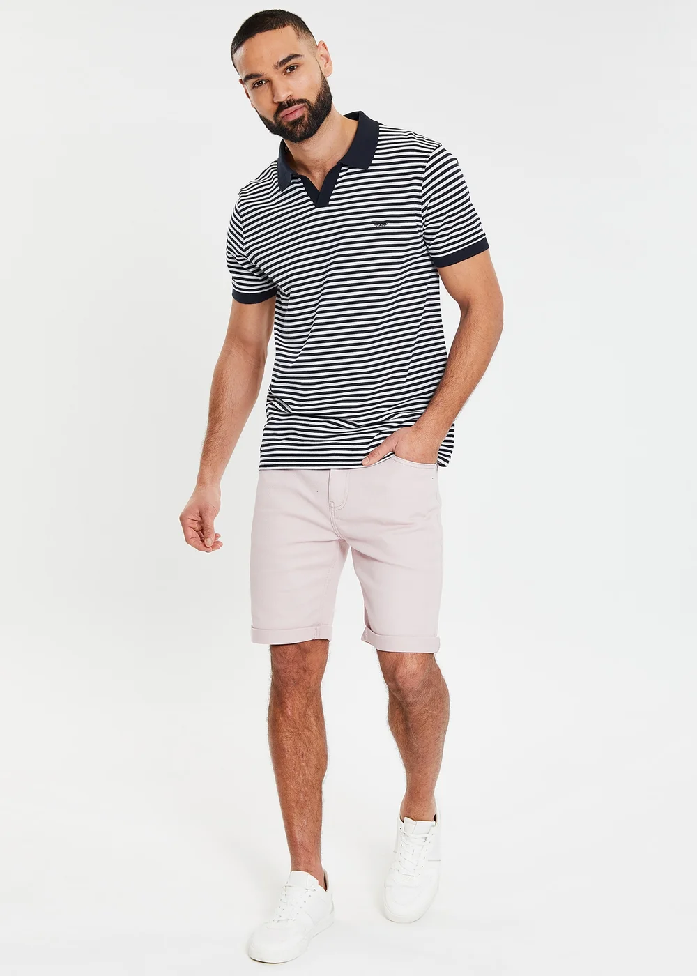 Threadbare Navy Open Collar Striped Pique Polo Shirt - M Image 4