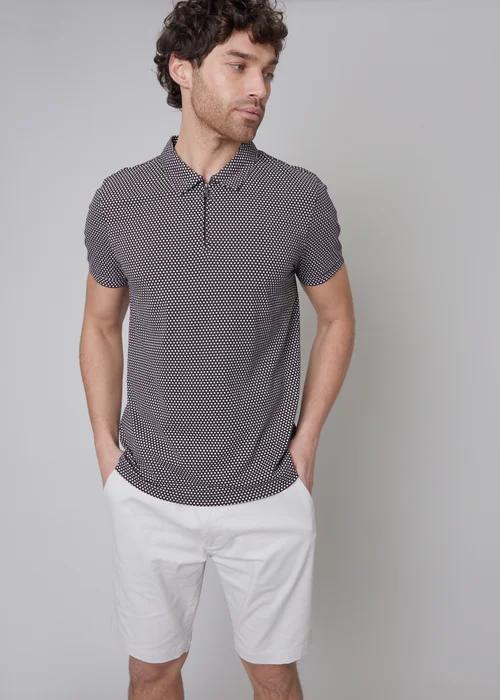 Threadbare Chocolate Dion Geometric Print Zip Collar Jersey Polo Shirt - S Image 1
