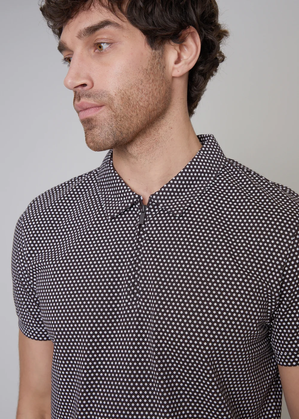 Threadbare Chocolate Dion Geometric Print Zip Collar Jersey Polo Shirt - S Image 3