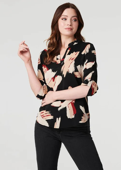 Izabel London Black Printed Collarless V-Neck Blouse - 8 Image 1