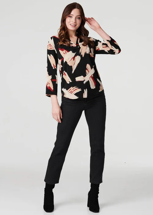 Izabel London Black Printed Collarless V-Neck Blouse - 8 Image 4