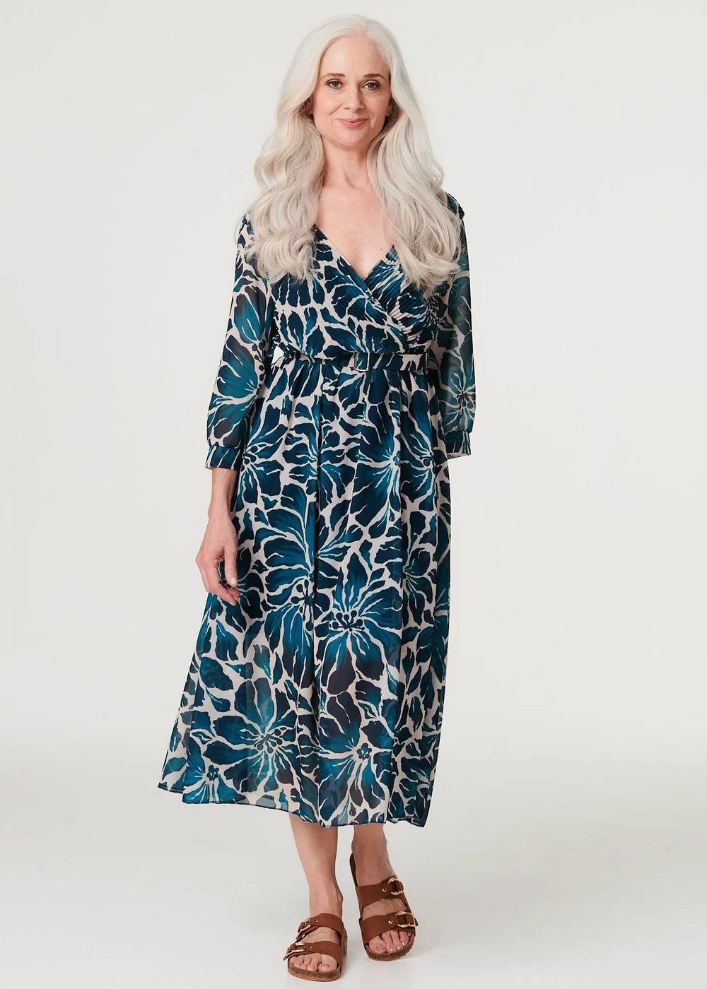 Izabel London Green Floral Semi Sheer V-Neck Midi Dress - S Image 1