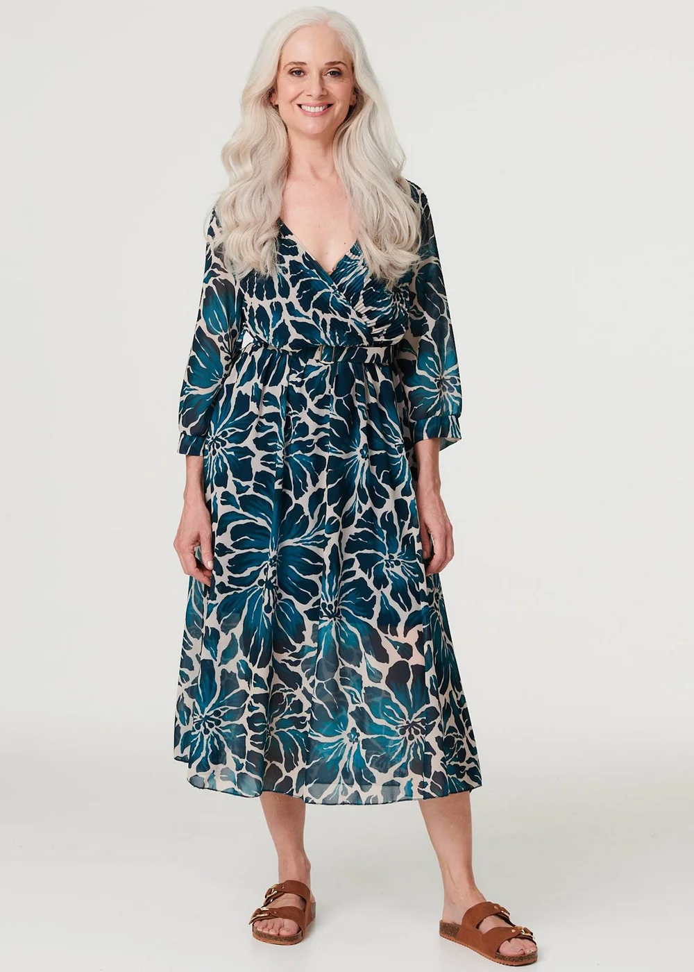 Izabel London Green Floral Semi Sheer V-Neck Midi Dress - S Image 4