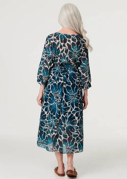 Izabel London Green Floral Semi Sheer V-Neck Midi Dress - S Image 2