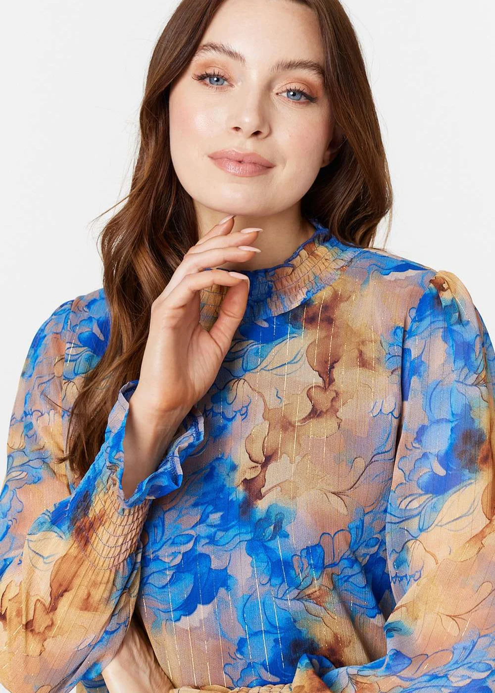 Izabel London Blue Printed High Neck Long Sleeve Blouse - 8 Image 3