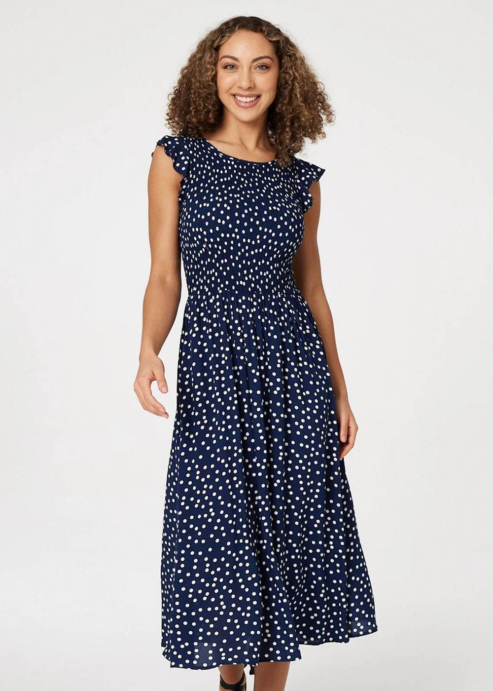 Izabel London Navy Polka Dot Cap Sleeve Midi Dress - 8 Image 1