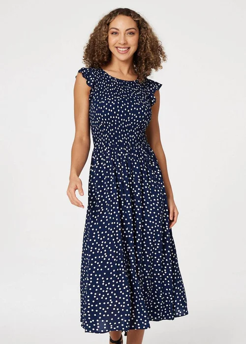 Izabel London Navy Polka Dot Cap Sleeve Midi Dress - 8 Image 1