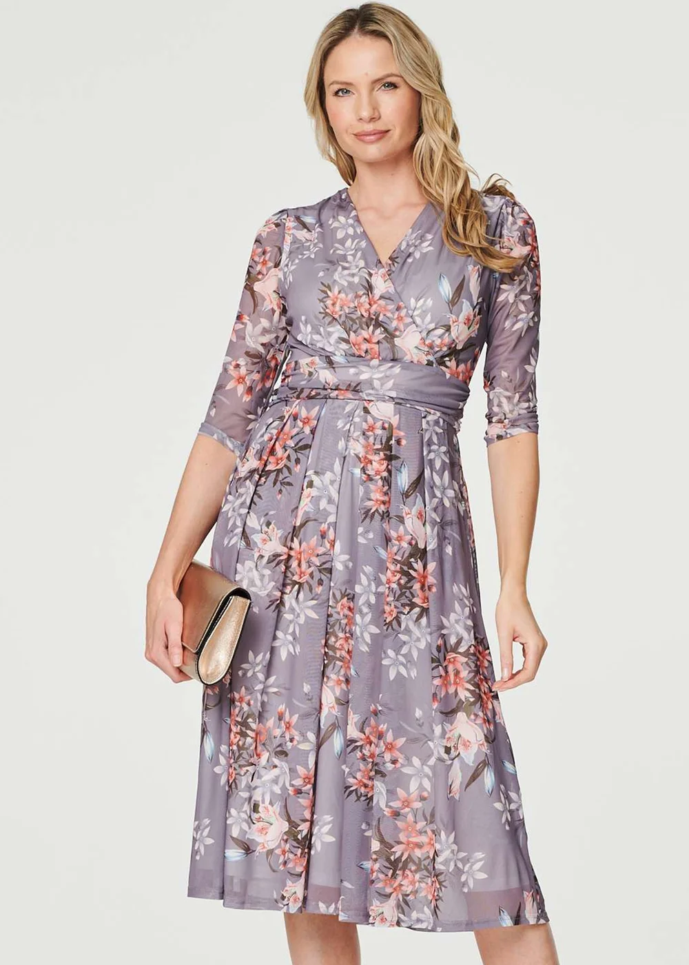 Izabel London Grey Floral Layered V-Neck Midi Dress - 8 Image 1
