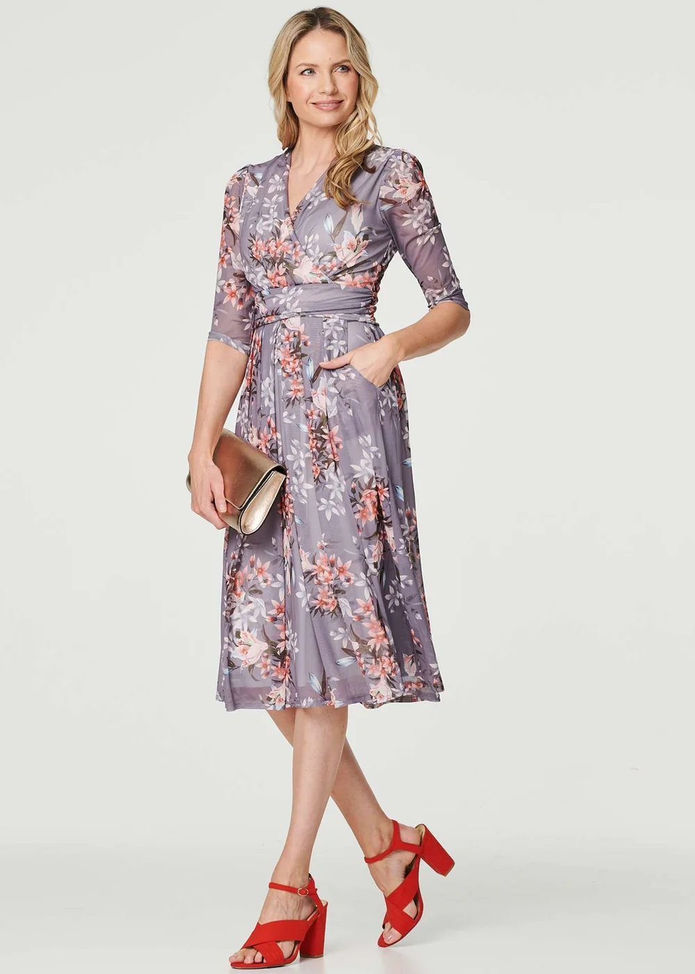 Izabel London Grey Floral Layered V-Neck Midi Dress - 8 Image 4