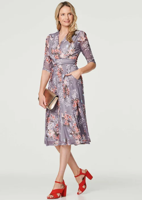 Izabel London Grey Floral Layered V-Neck Midi Dress - 8 Image 4