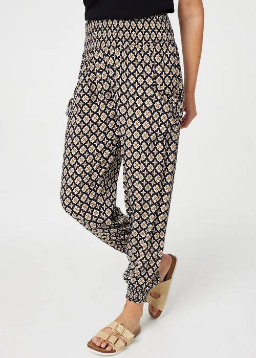 Izabel London Black Mosaic Print Shirred Harem Pants - 8 Image 1