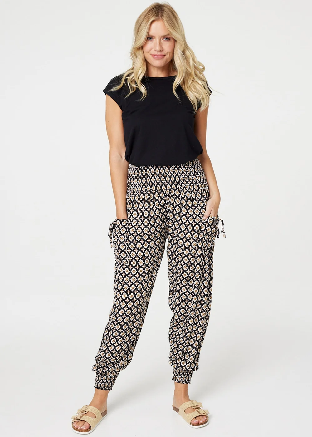 Izabel London Black Mosaic Print Shirred Harem Pants - 8 Image 4