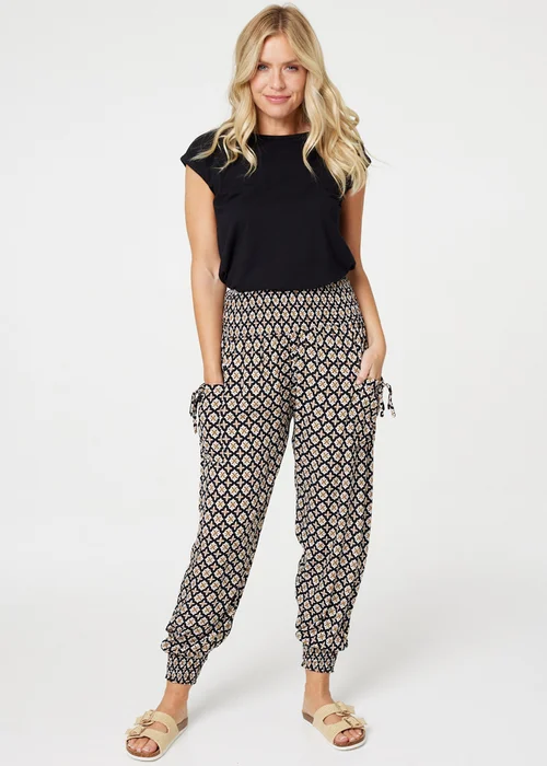 Izabel London Black Mosaic Print Shirred Harem Pants - 8 Image 4